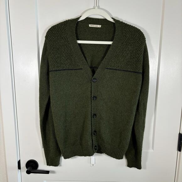 Men’s Olive Army Green Marine Layer Knit Cardigan - Size Small - Wool Sweater - Picture 1 of 7